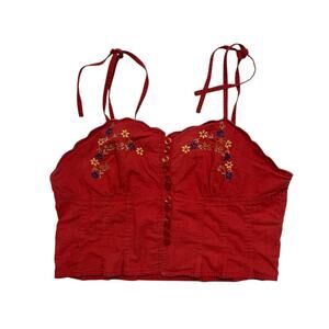 Vintage 80s/90s Festival Boho Crop Embroidered Floral Tank Top Medium Cotton Tie
